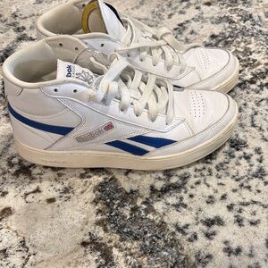 Reebok White and Blue Leather Mid-Top Sneakers